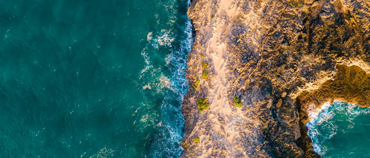 Aerial view of a sunlit coastline