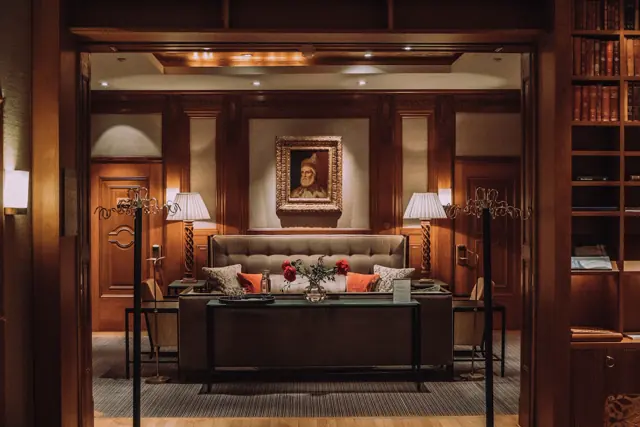 Warmly lit hotel lounge