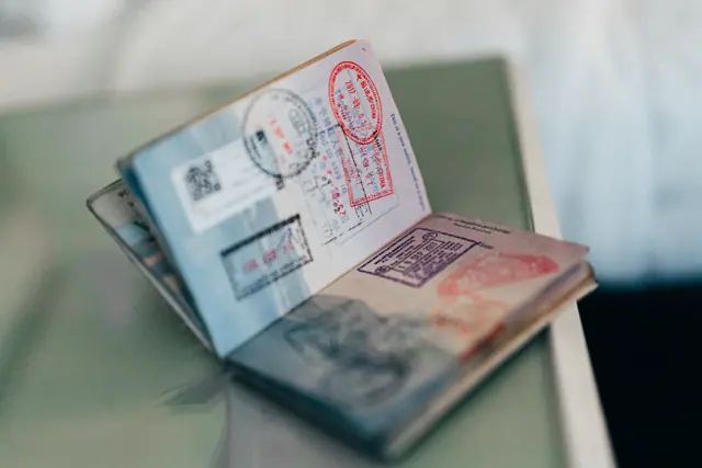 Passport open at a page of entry stamps